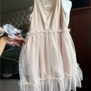 Joyfolie Pink and Tan Tiered Ruffled Sundress with matching tiara.